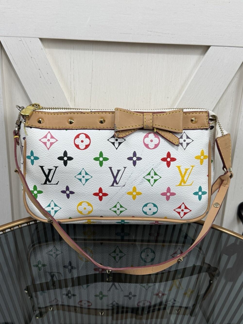 Luxury Style White Multicolor Monogram Canvas Small Bag Y2K Clutch Bow Strap